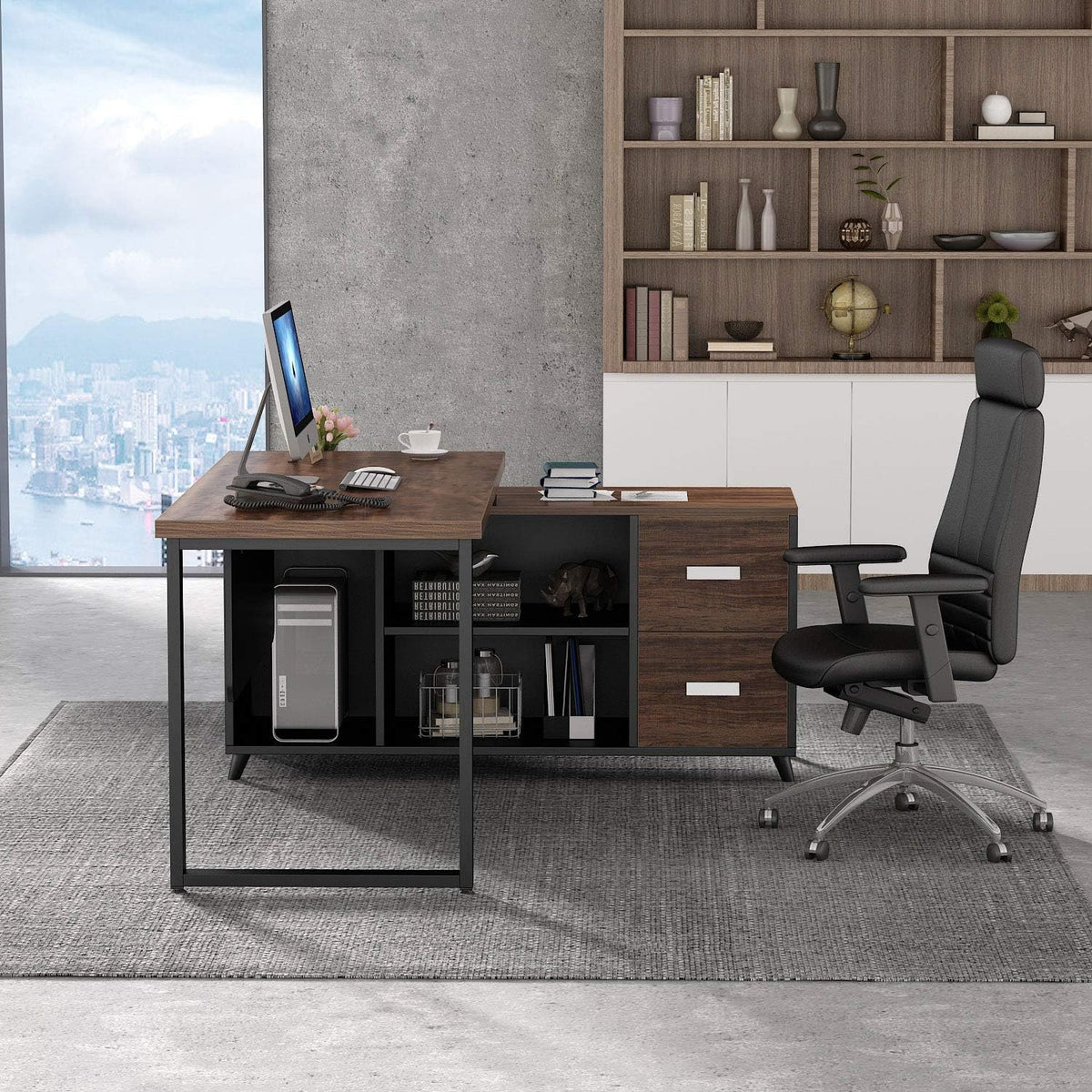 55 Inch L-Shaped Computer Desk with Drawers and File Cabinet G76220