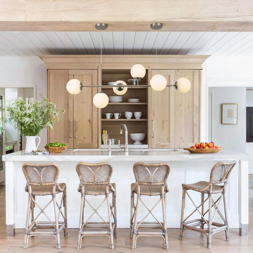 Modern Ceiling Pendant Lighting, Mid-Century Glass Globes Pendant Lamp, LED 6-Light Hanging Adjustable Chandelier for Kitchen Island Living Dining Room (Silver+Clear) Y41191
