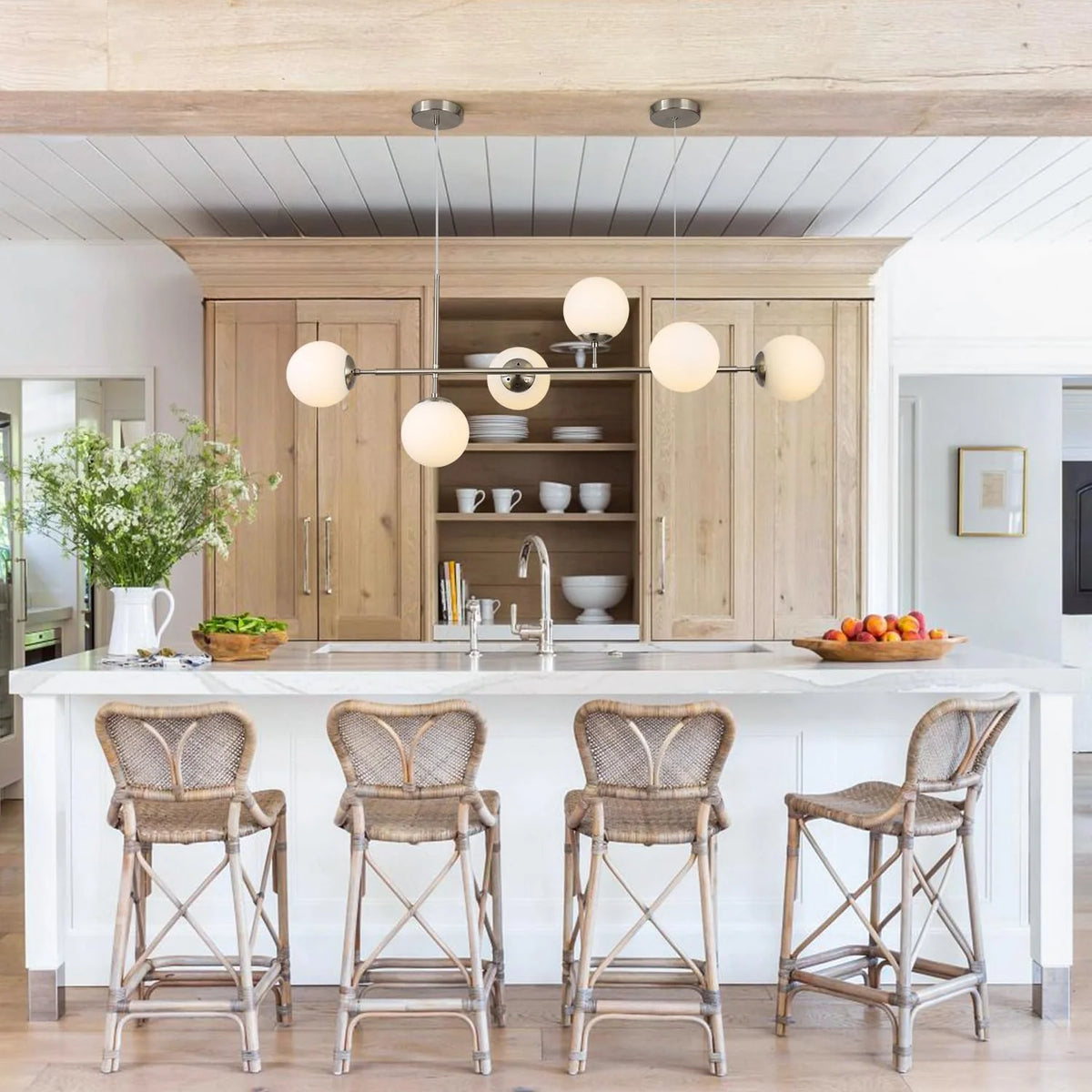 Modern Ceiling Pendant Lighting, Mid-Century Glass Globes Pendant Lamp, LED 6-Light Hanging Adjustable Chandelier for Kitchen Island Living Dining Room (Silver+Clear) Y41191