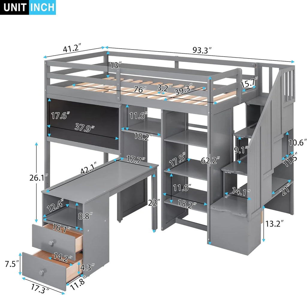 Grey Wood Loft Bed Frame with Desk Shelves Stairs X670