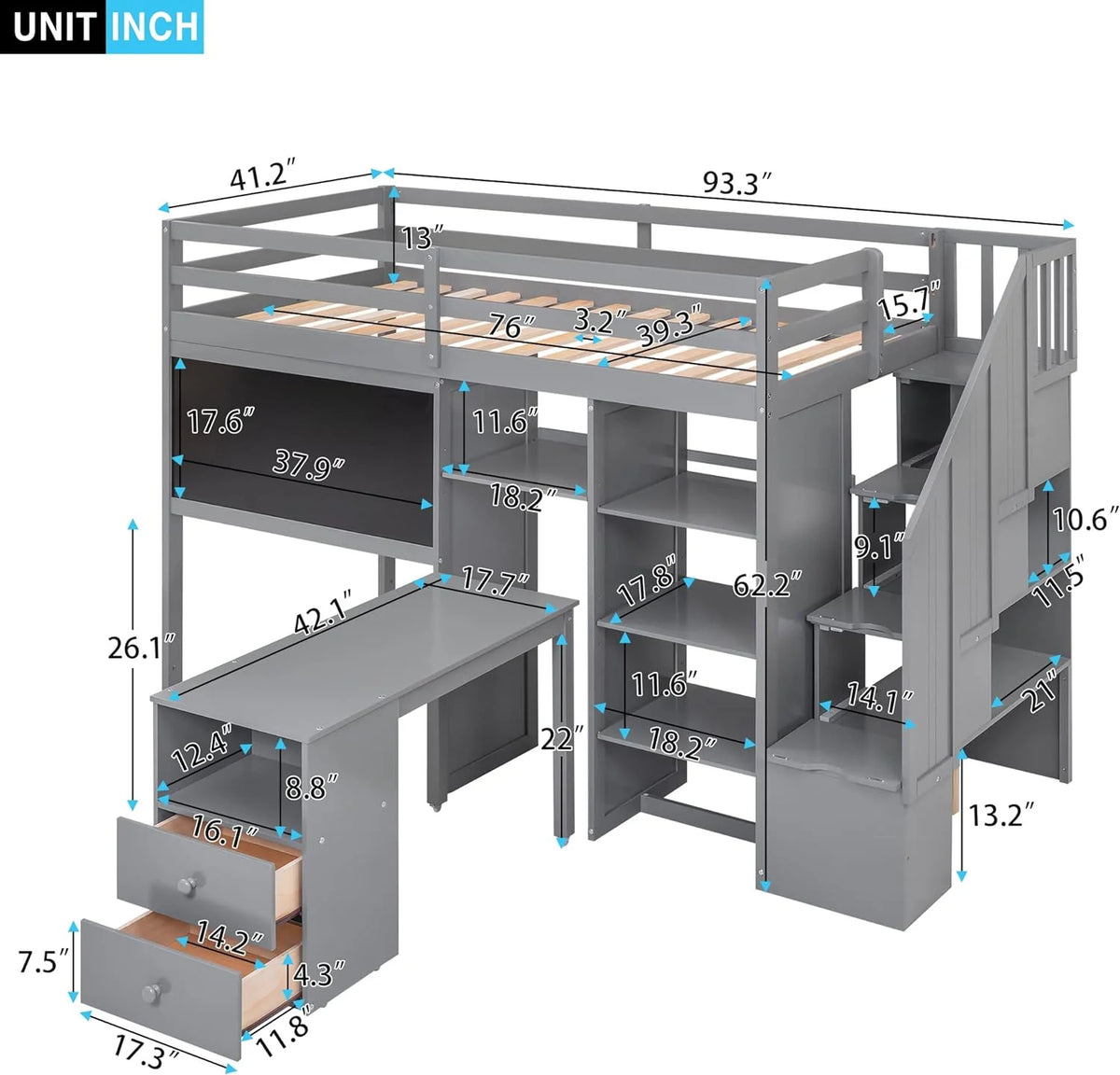 Grey Wood Loft Bed Frame with Desk Shelves Stairs X670