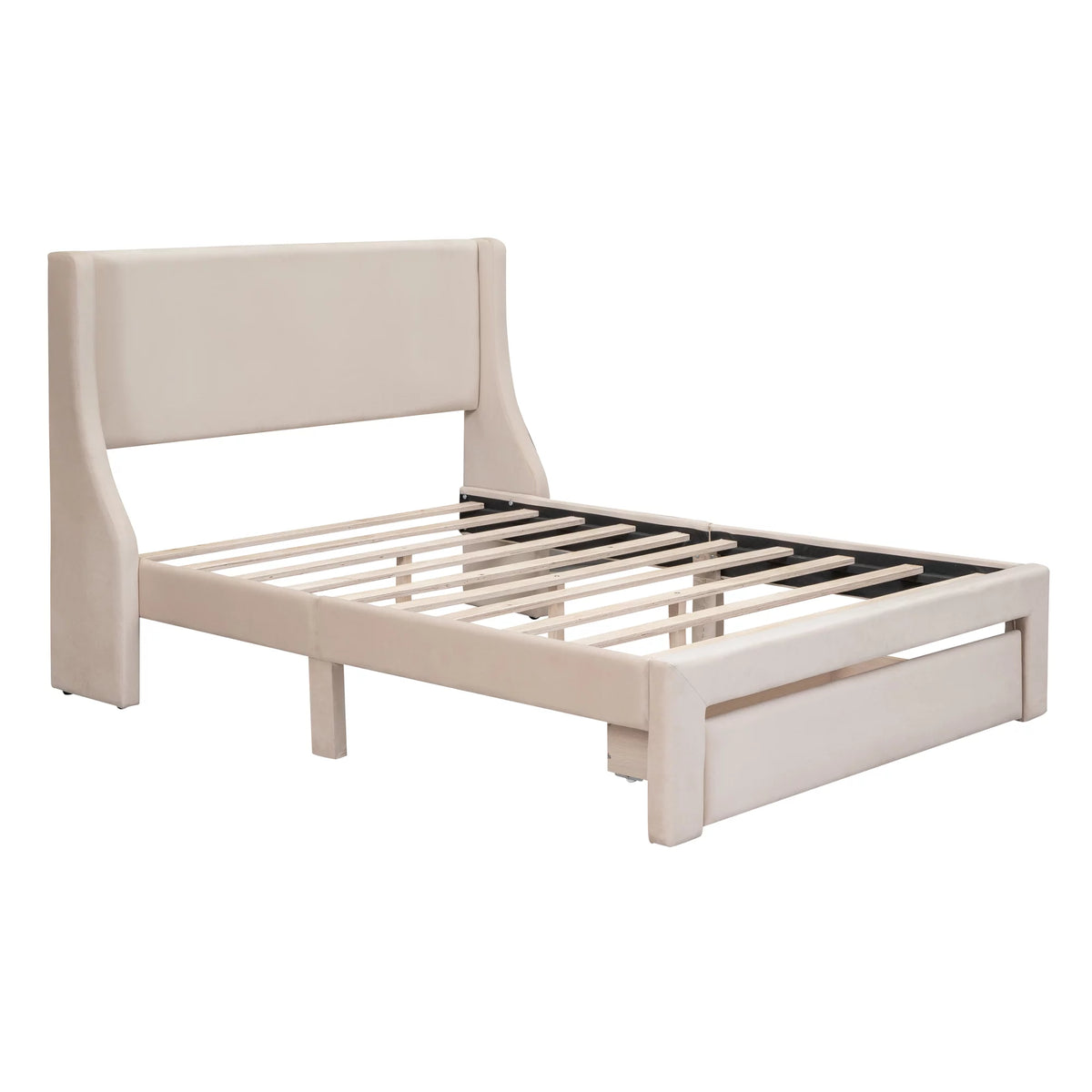Beige Velvet Full Size Bed Frame with Storage Drawer G533