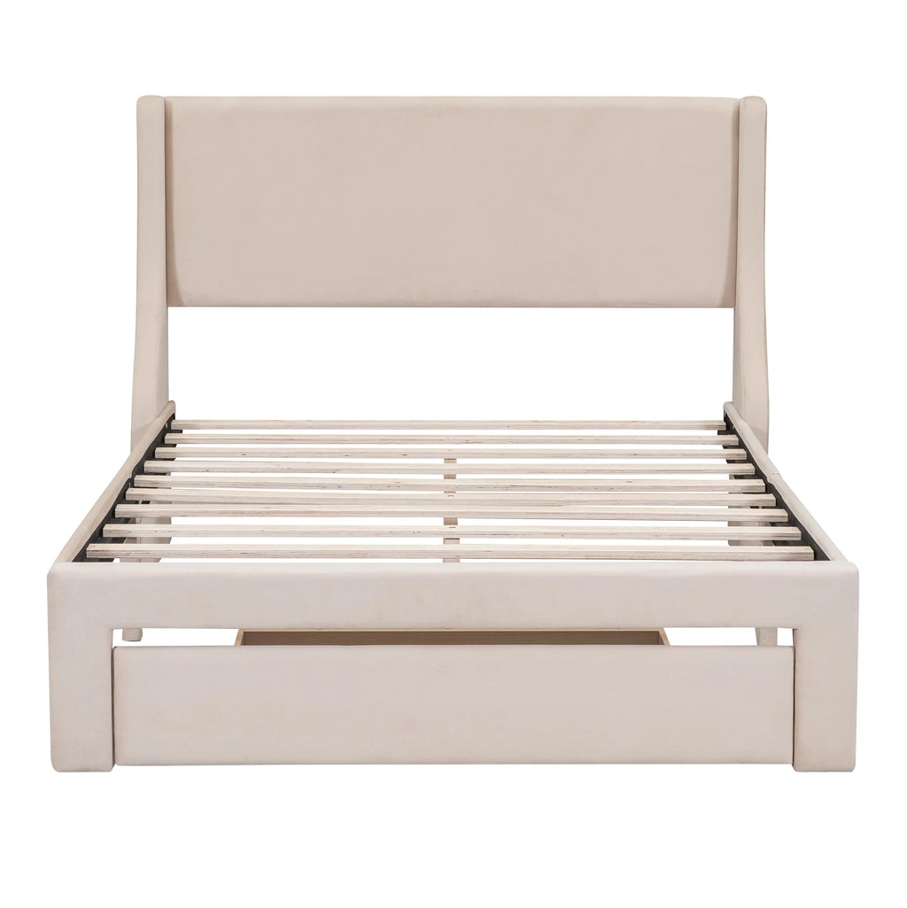 Beige Velvet Full Size Bed Frame with Storage Drawer G533