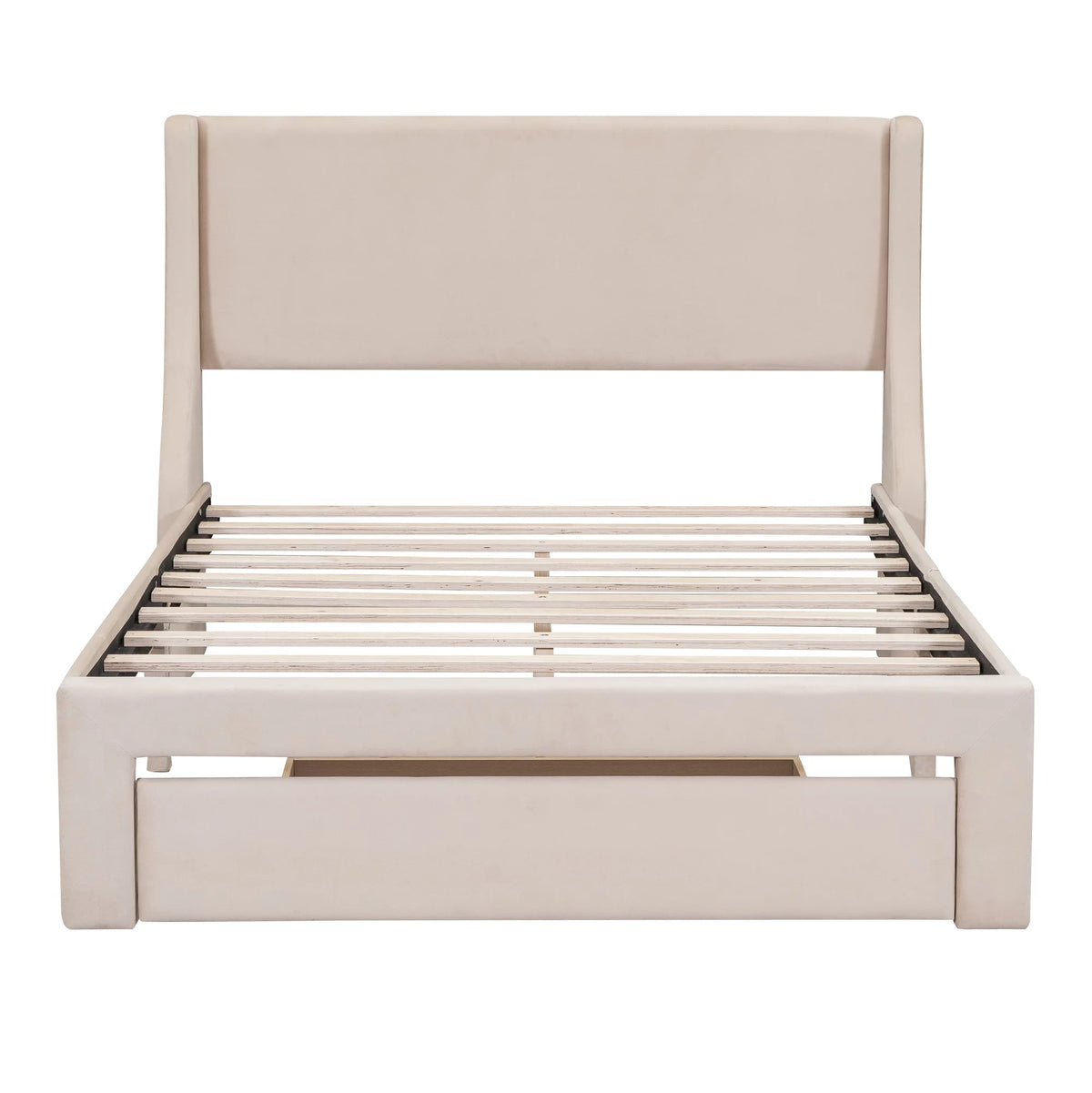 Beige Velvet Full Size Bed Frame with Storage Drawer G533