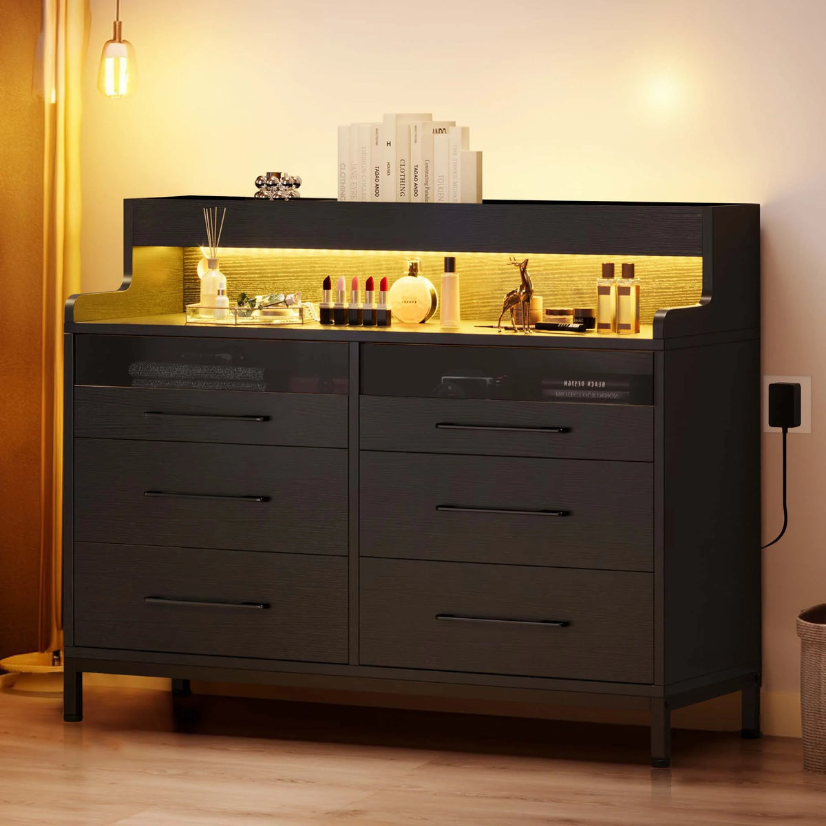 Black 6 Drawer Dresser with LED Light and Open Storage W5696
