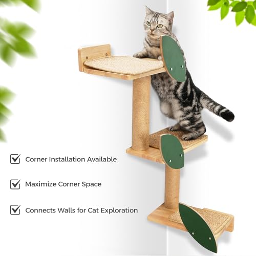 Cat Wall Shelves with Leaves, 2 Platform, Rubber Wood Wall Perch with Mat, Bridge U42398