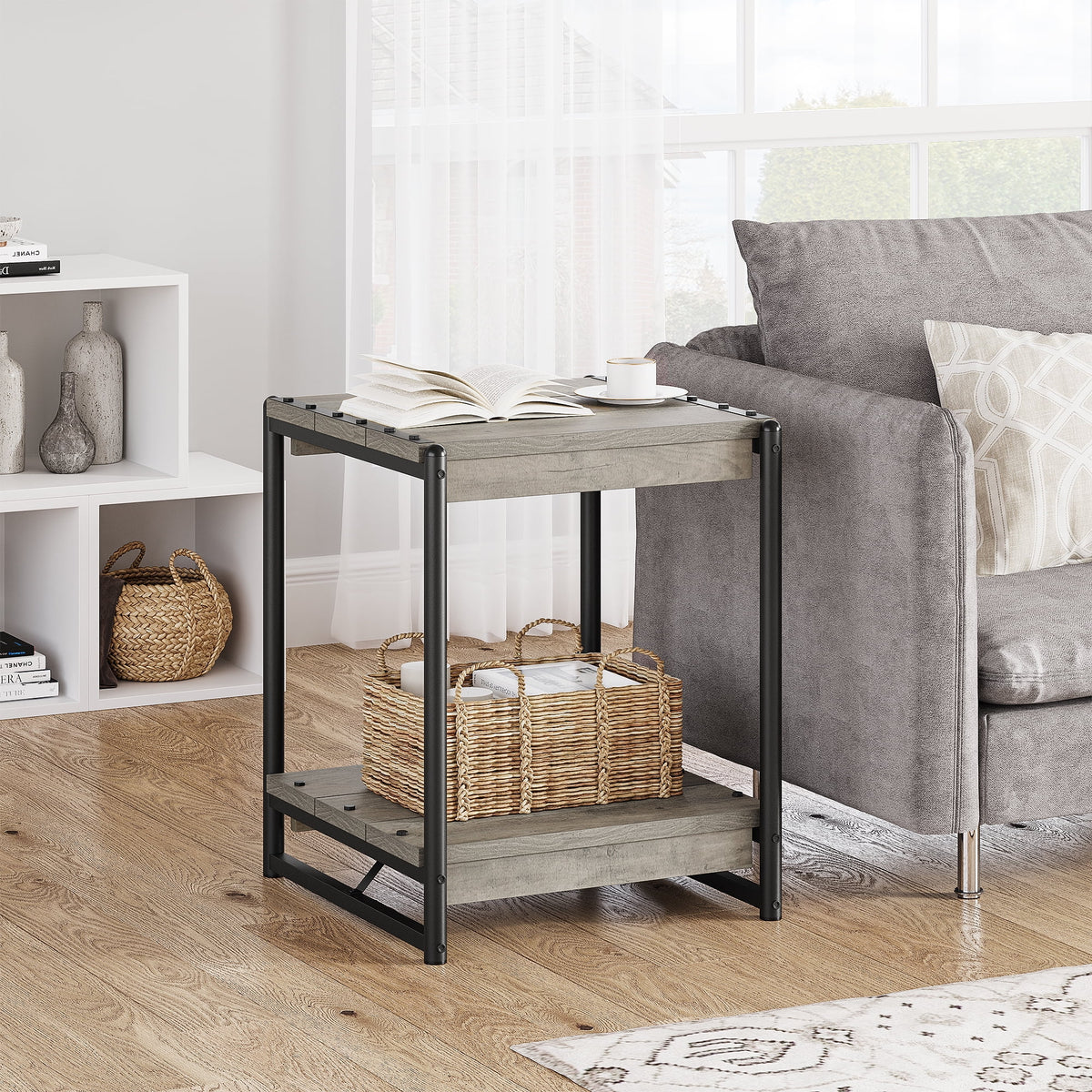 Grey Wood End Table with Storage Shelf H269