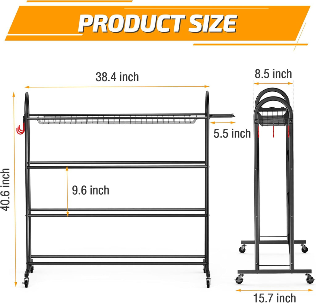 Basketball Rack with Baseball Bat Holder and Hooks, Powder Coated Steel Q6774