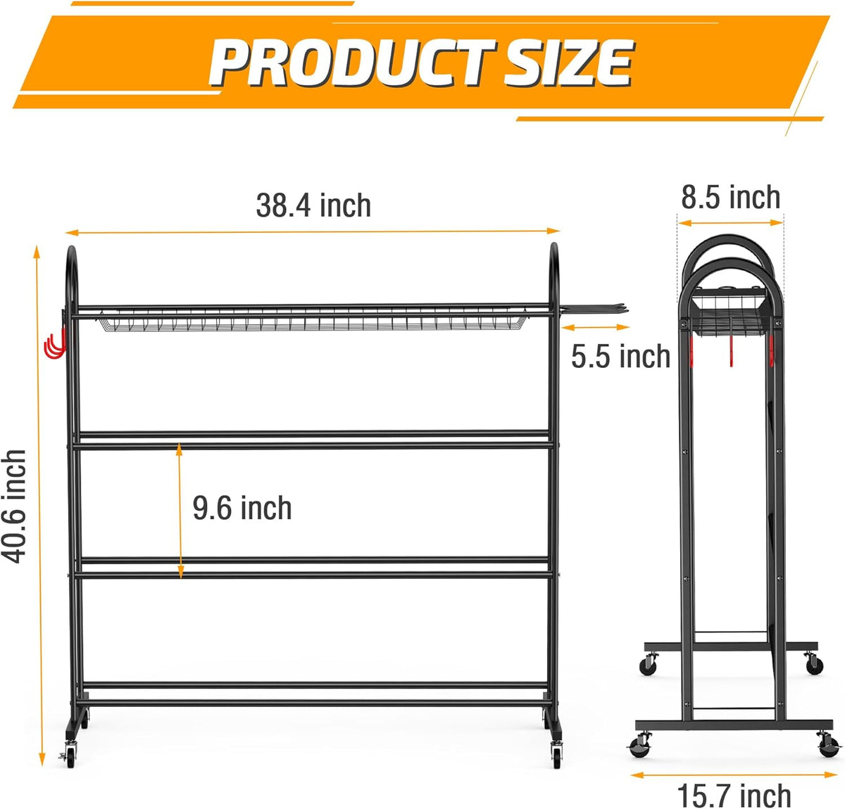 Basketball Rack with Baseball Bat Holder and Hooks, Powder Coated Steel Q6774