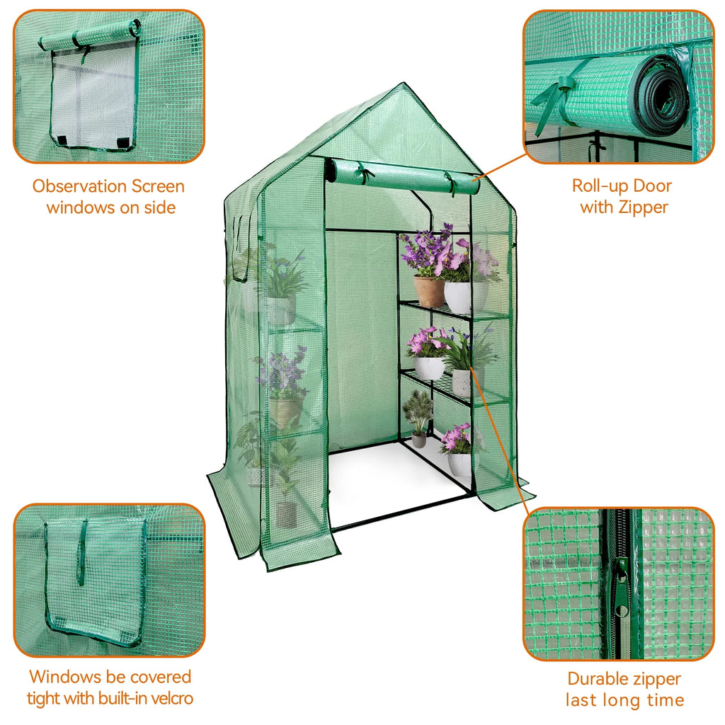 Walk-In Greenhouse Kit with Cover, 3 Tiers 6 Shelves, Portable Greenhouse with Observation Windows, PE Door, Ground Pegs & Ropes W650