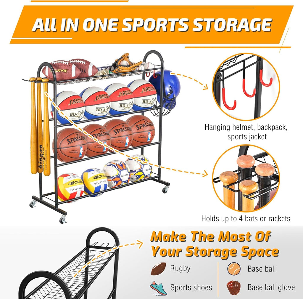Basketball Rack with Baseball Bat Holder and Hooks, Powder Coated Steel Q6774