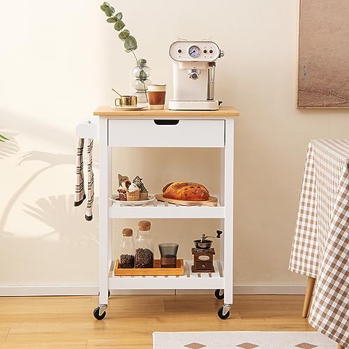 Natural Bamboo Rolling Kitchen Island Cart with Drawer and Shelves W784