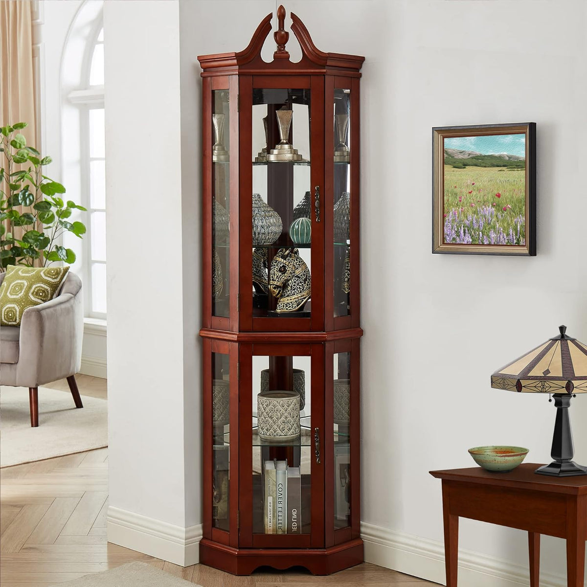Lighted Curio Cabinet with Curved Top Finial, Wooden Corner Display Cabinet with Adjustable Tempered Glass Shelves Y413279
