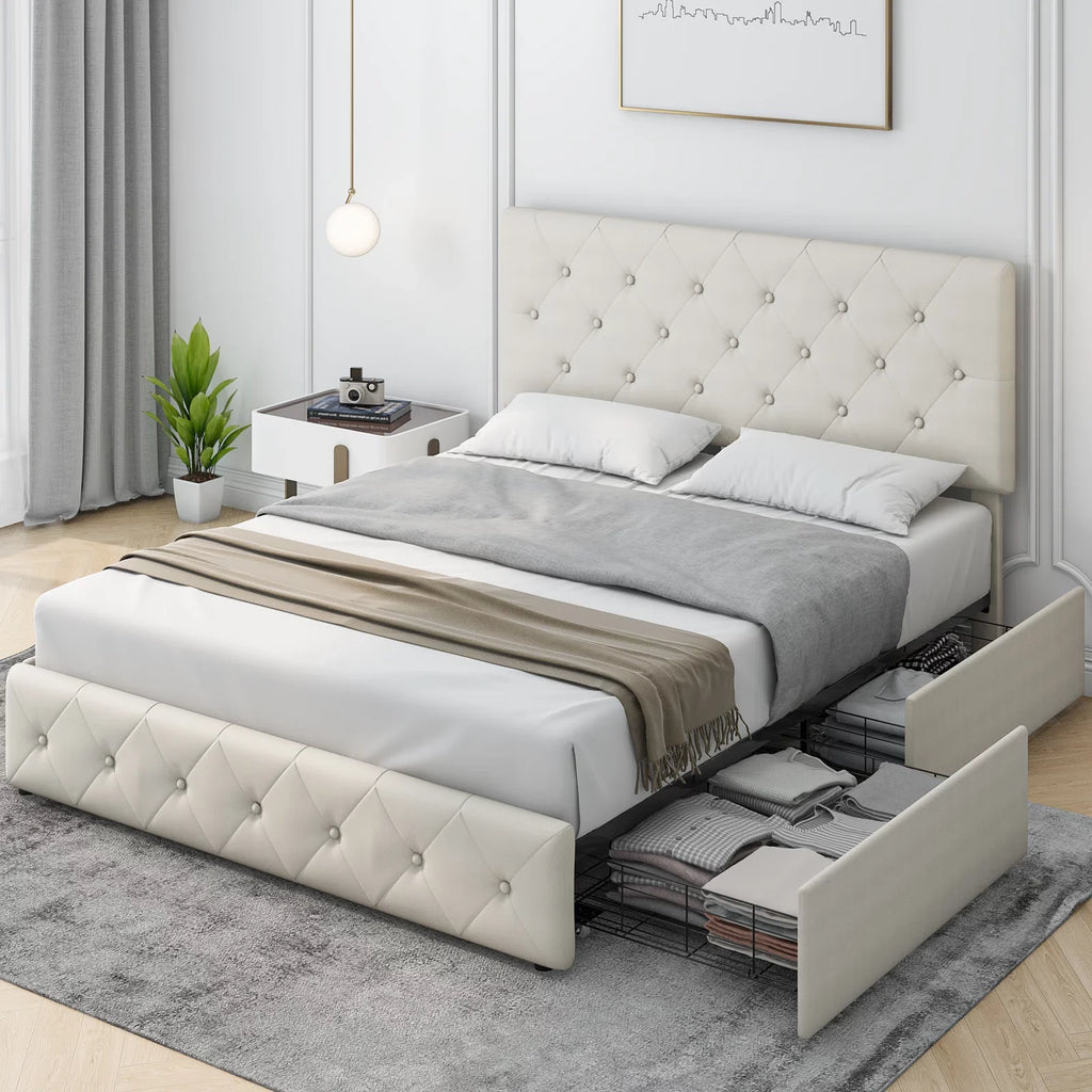 Queen Size 4 Drawer Upholstered Platform Bed with Adjustable Headboard I32229
