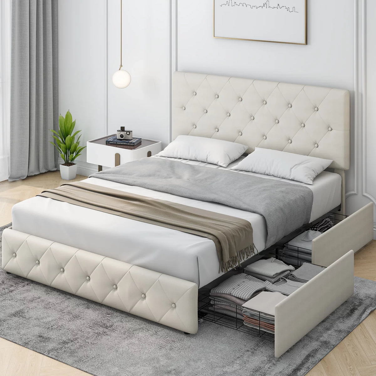 Queen Size 4 Drawer Upholstered Platform Bed with Adjustable Headboard I32229
