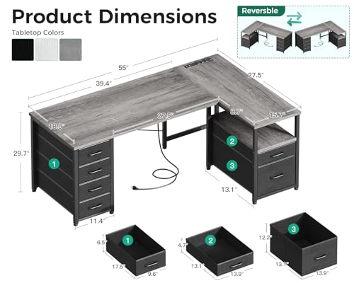 L Shaped Computer Desk with 6 Drawers & Power Outlet, 55 Inch Grey Oak K443