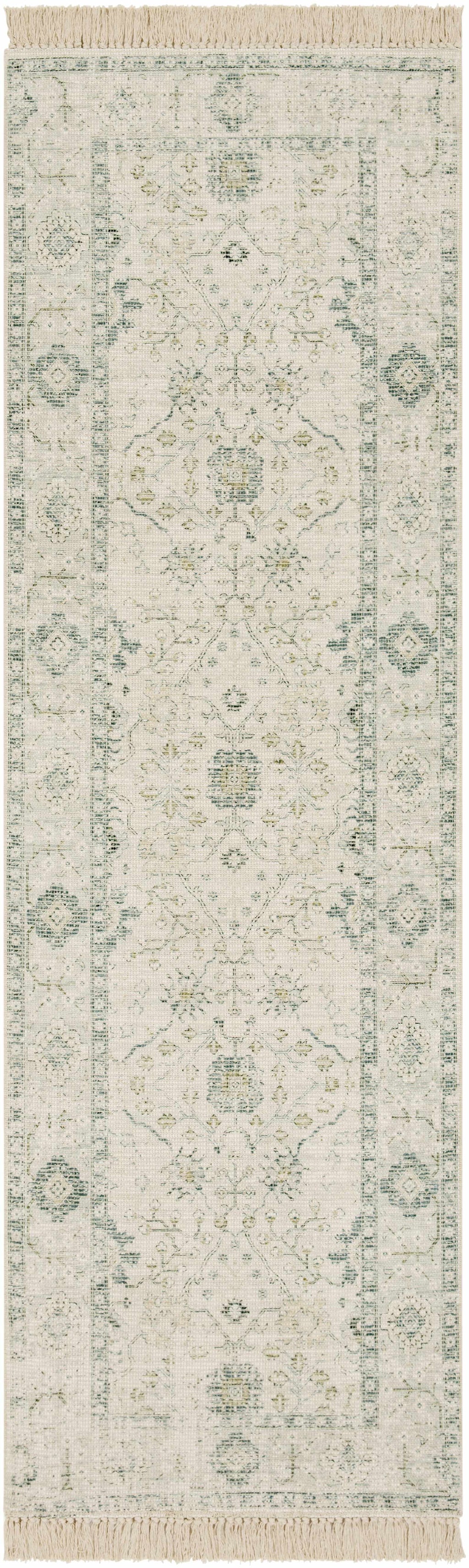 Hand Woven Cotton Area Rug with Tassel Green Sage Beige Off White 6' x 9' Z11268