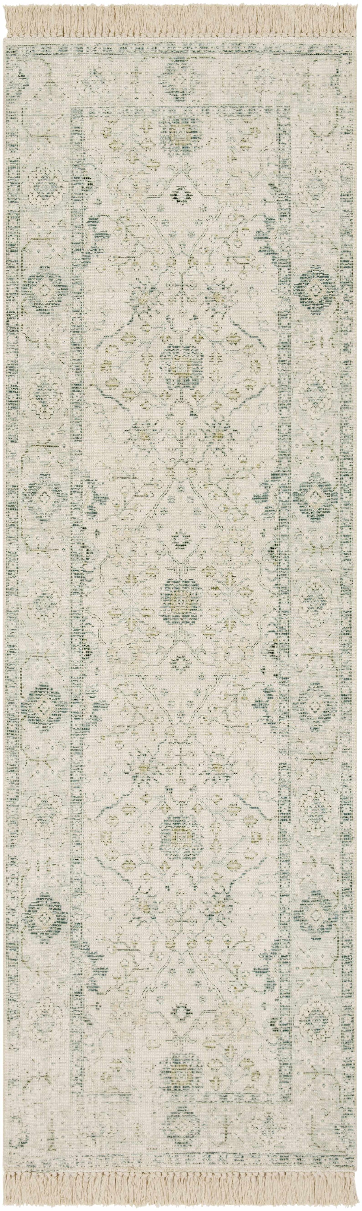 Hand Woven Cotton Area Rug with Tassel Green Sage Beige Off White 6' x 9' Z11268