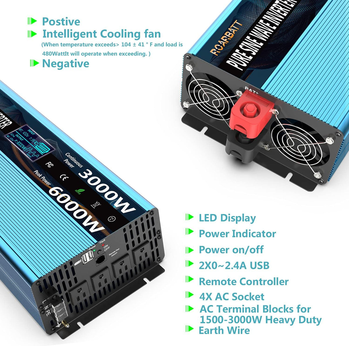 3000Watt 12V DC to AC 110V 120V Power Inverter with Remote Control 4 AC Outlets Dual USB Port L1689