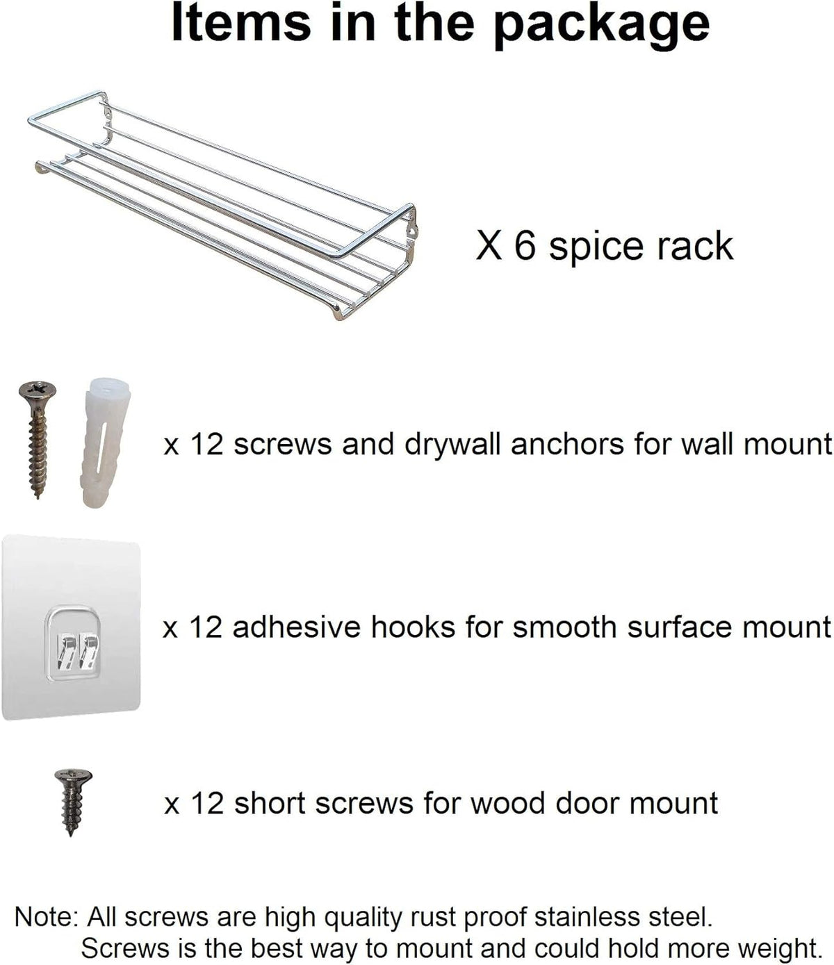 6 Pack Wall Mount Spice Rack Organizer for Cabinet, 12 x 3 x 3 inches O373756