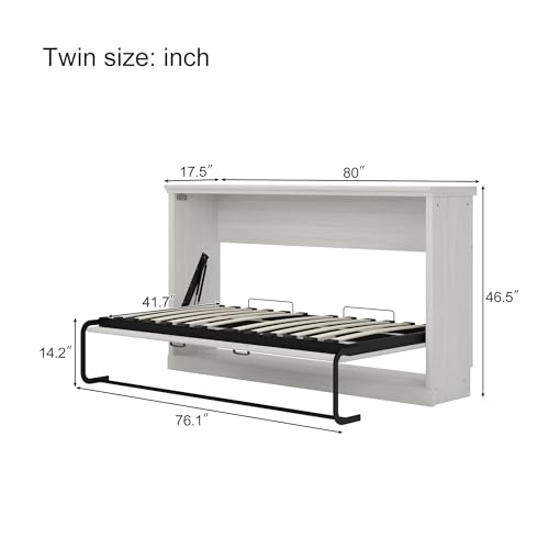 Twin Size Murphy Bed with Storage Bookshelf and USB Charging Station, Folding into a Cabinet, Rustic White H63189