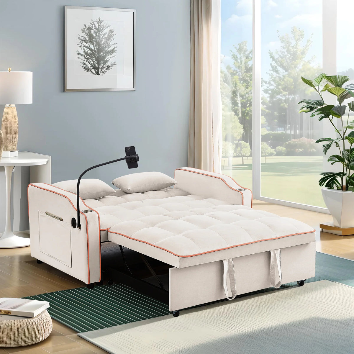 Beige Velvet 2 Seater Pull Out Sofa Bed with USB Port and Cup Holders S600