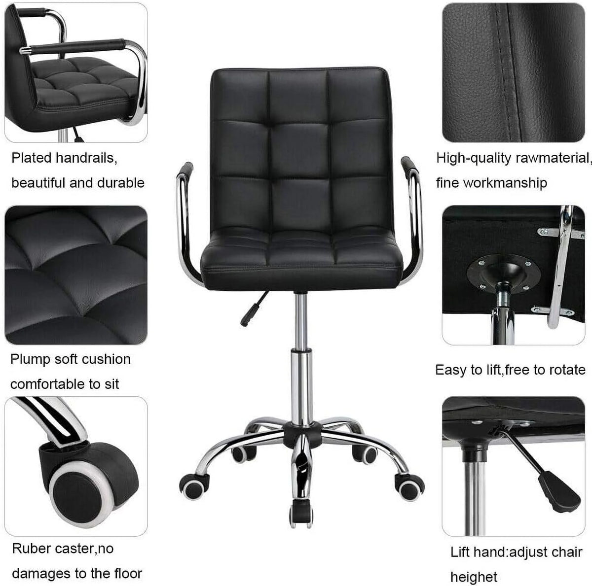 Black Ribbed PU Leather Office Chair with Wheels U9663