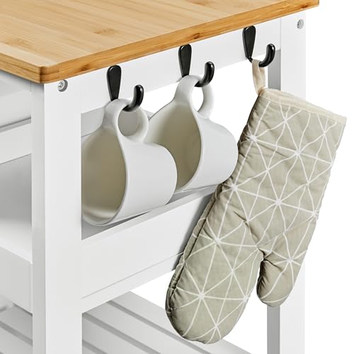 White Kitchen Island Cart on Wheels with Bamboo Countertop S846