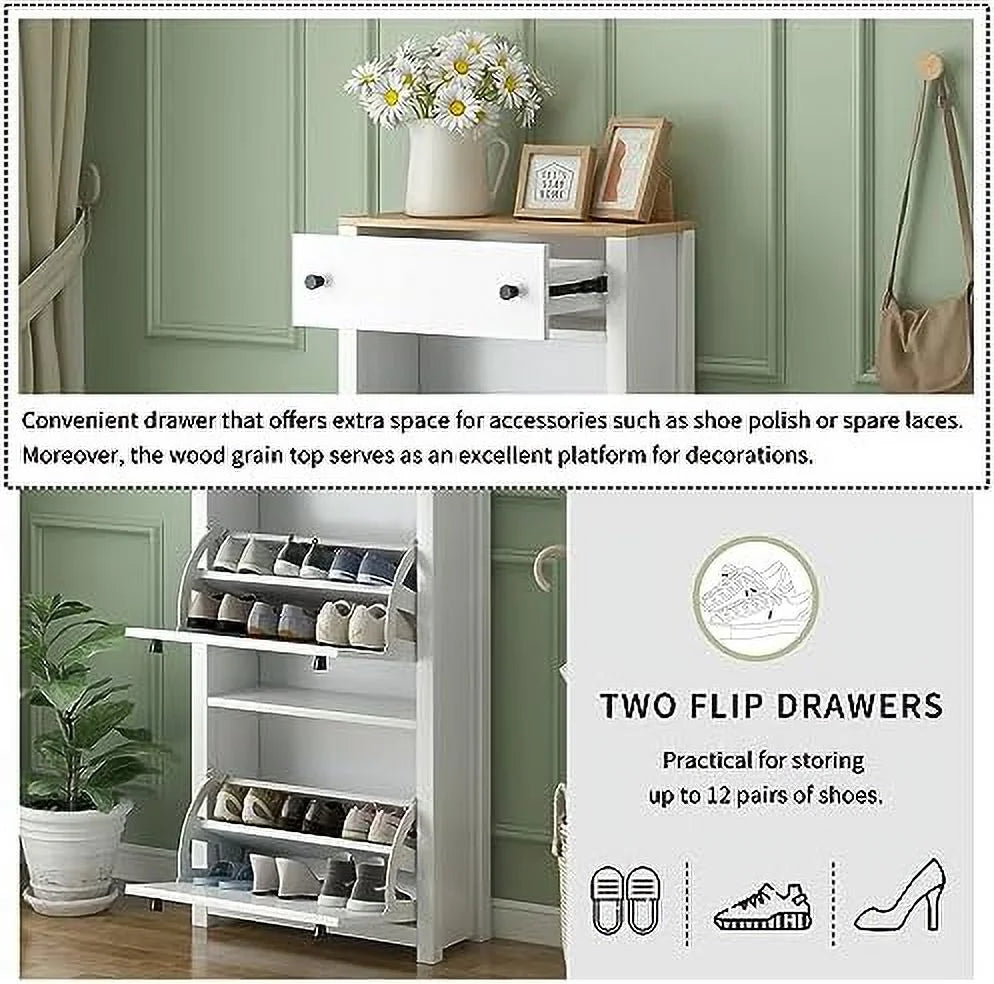 White Slim Shoe Cabinet with 2 Flip Drawers U810454