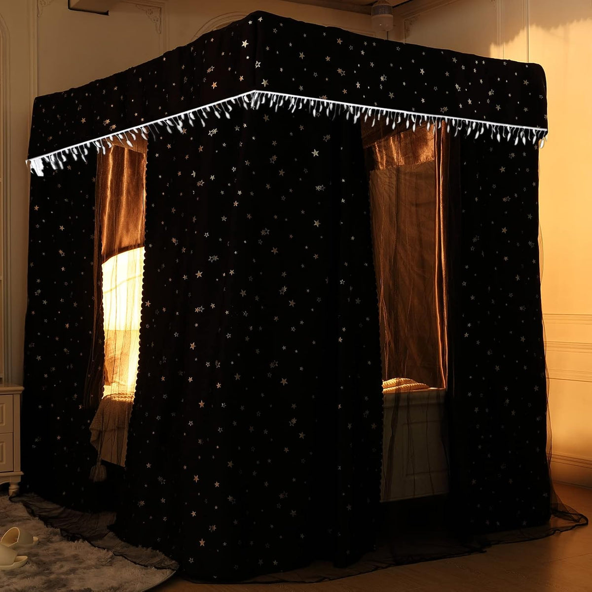 Black 100% Lightproof 4 Corner Post Bed Curtain Canopy (King) L290