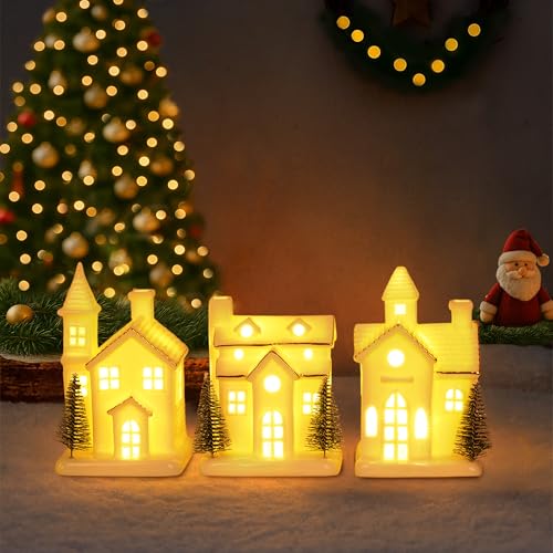 3Pcs Light Up Porcelain Christmas Village Houses with 4Pcs Christmas Trees LED Lighted Tabletop Figurines Y86105