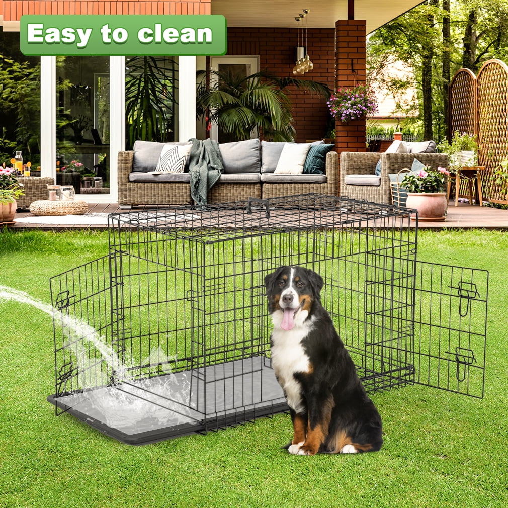 Double-Door Metal Dog Crate with Divider and Tray D98756