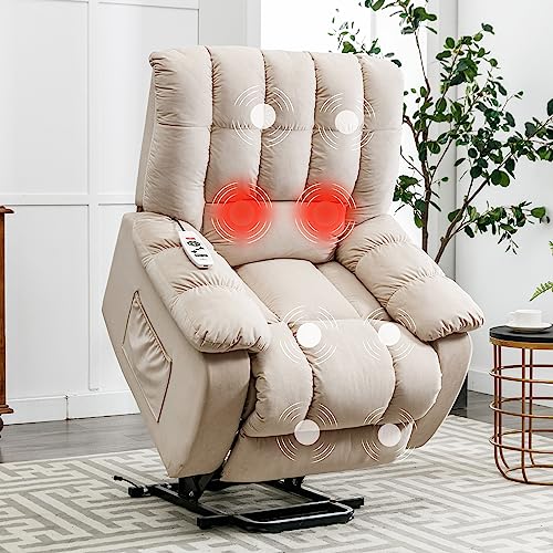 Beige Velvet Electric Lift Recliner Chair with Heat and Vibration V6526