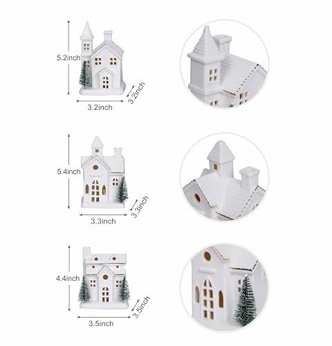 3Pcs Light Up Porcelain Christmas Village Houses with 4Pcs Christmas Trees LED Lighted Tabletop Figurines Y86105