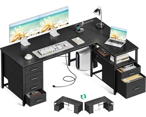 L Shaped Computer Desk with 6 Drawers & Power Outlet, 55 Inch Grey Oak K443