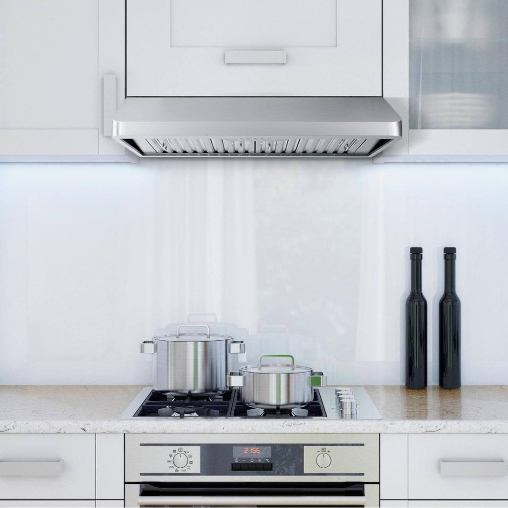 Stainless Steel Ducted Under Cabinet Range Hood with Push Button Controls, LED Lighting and Permanent Filters R524