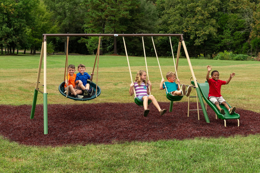 Steel Swing Set with Disc Swing, Swing Seats, Wave Slide A34232