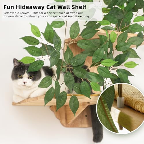 Cat Wall Shelves with Leaves, 2 Platform, Rubber Wood Wall Perch with Mat, Bridge U42398