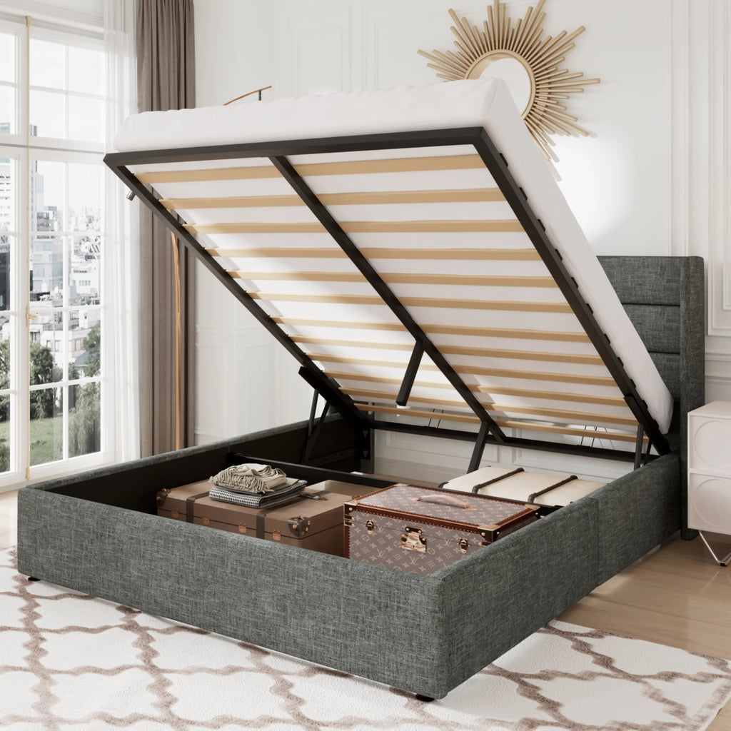 Queen Size Lift Up Storage Bed Frame with Wingback Headboard A7048
