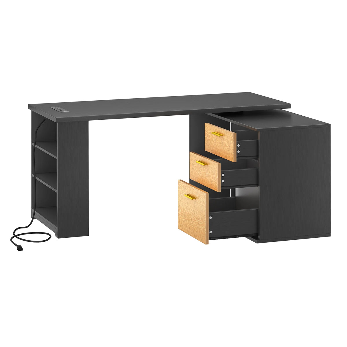 Black 59 Inch L Shaped Desk with File Cabinet and Storage Shelves H6113