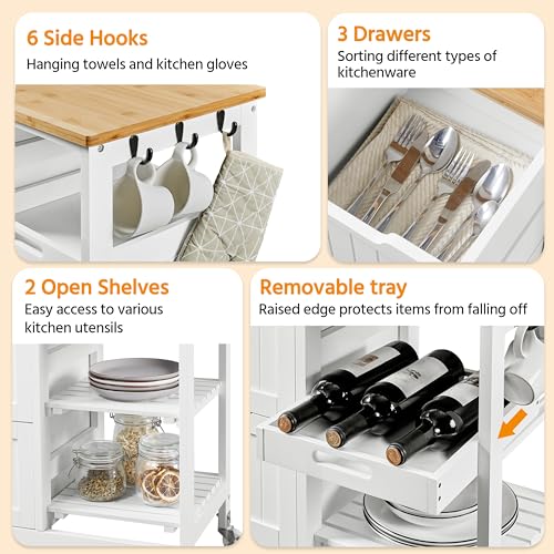 White Kitchen Island Cart on Wheels with Bamboo Countertop S846