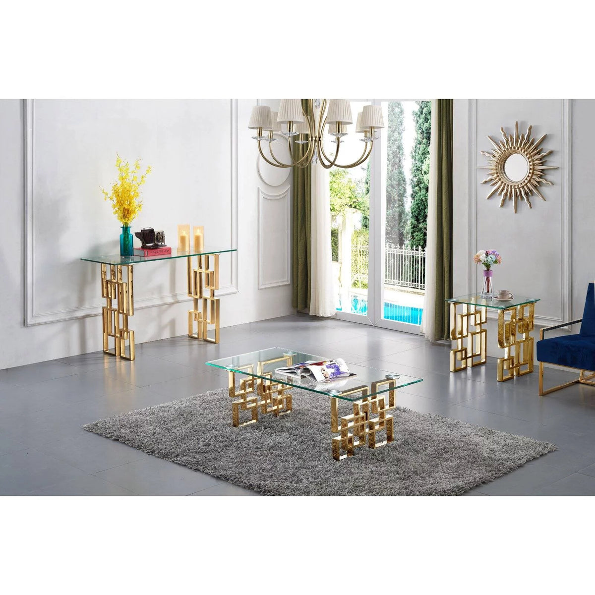 Stainless Steel Glass Top End Table with Gold Base J1991