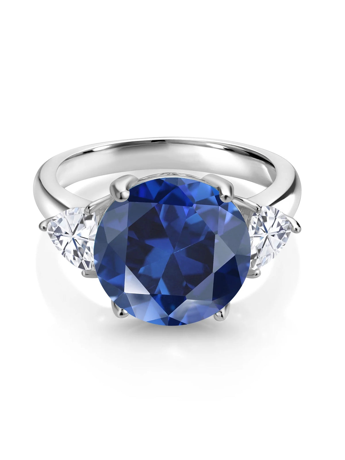925 Sterling Silver Blue Simulated Sapphire and White Moissanite 3-Stone Ring B530