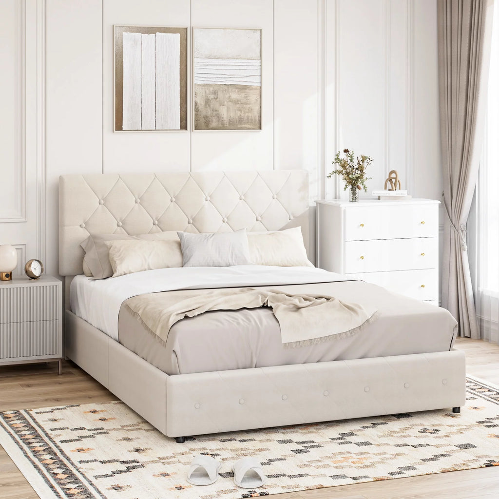 Queen Size 4 Drawer Upholstered Platform Bed with Adjustable Headboard I32229