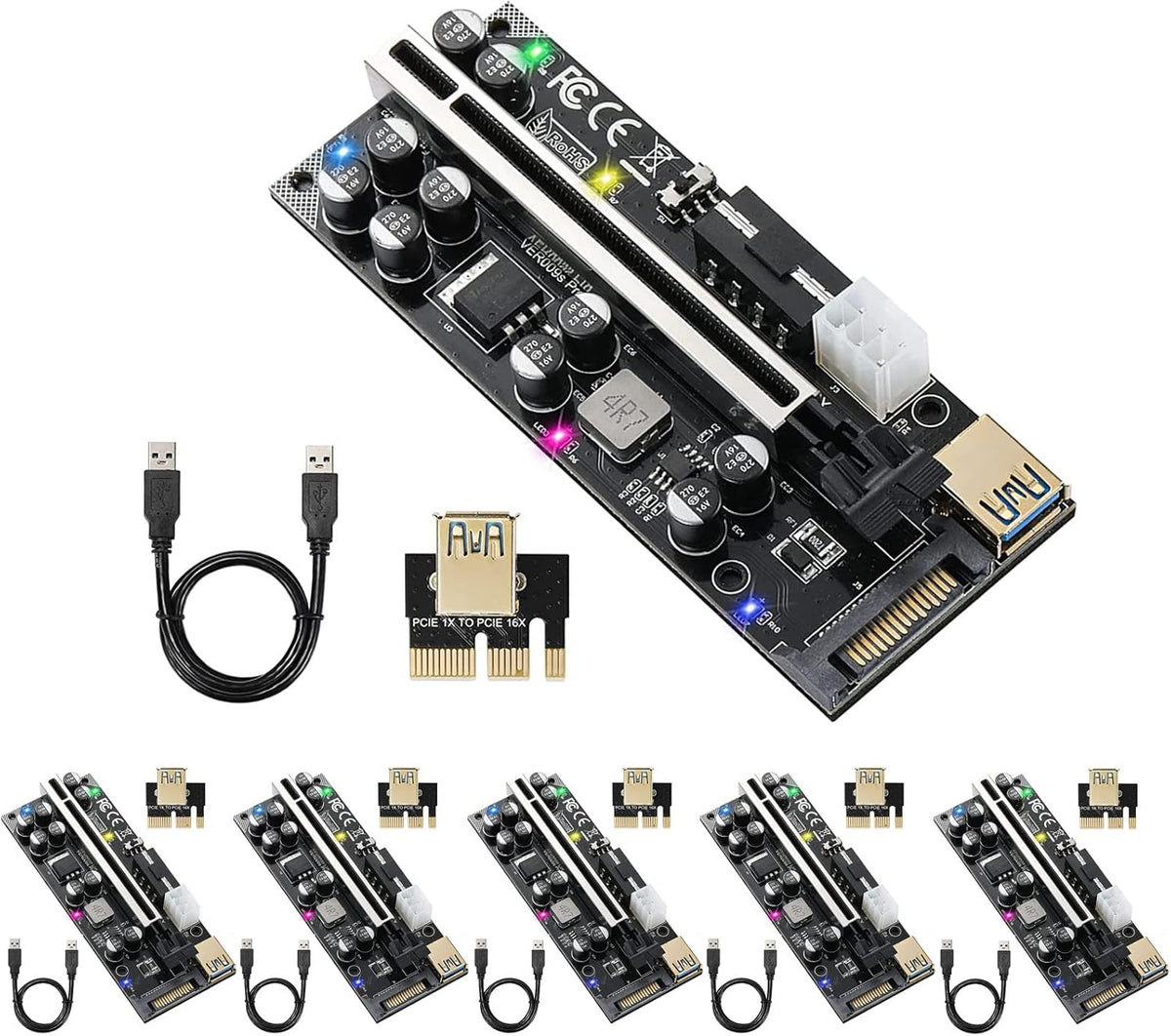 PCIE Riser with 6PIN SATA Power Cable and 60cm USB 3.0 Cable, 6 Pack N41197
