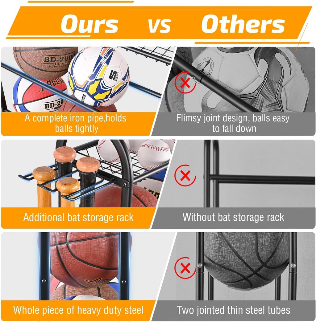 Basketball Rack with Baseball Bat Holder and Hooks, Powder Coated Steel Q6774