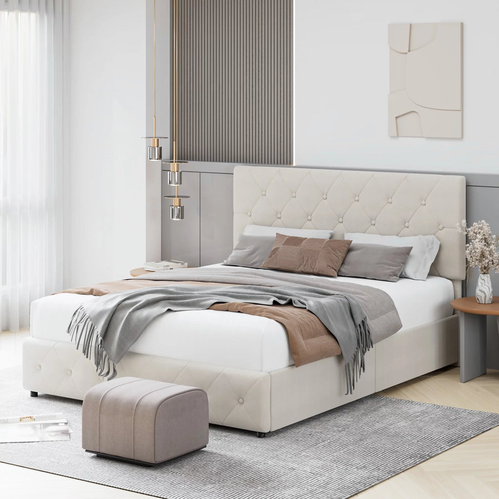 Queen Size 4 Drawer Upholstered Platform Bed with Adjustable Headboard I32229