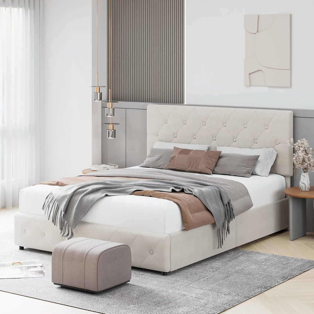 Queen Size 4 Drawer Upholstered Platform Bed with Adjustable Headboard I32229