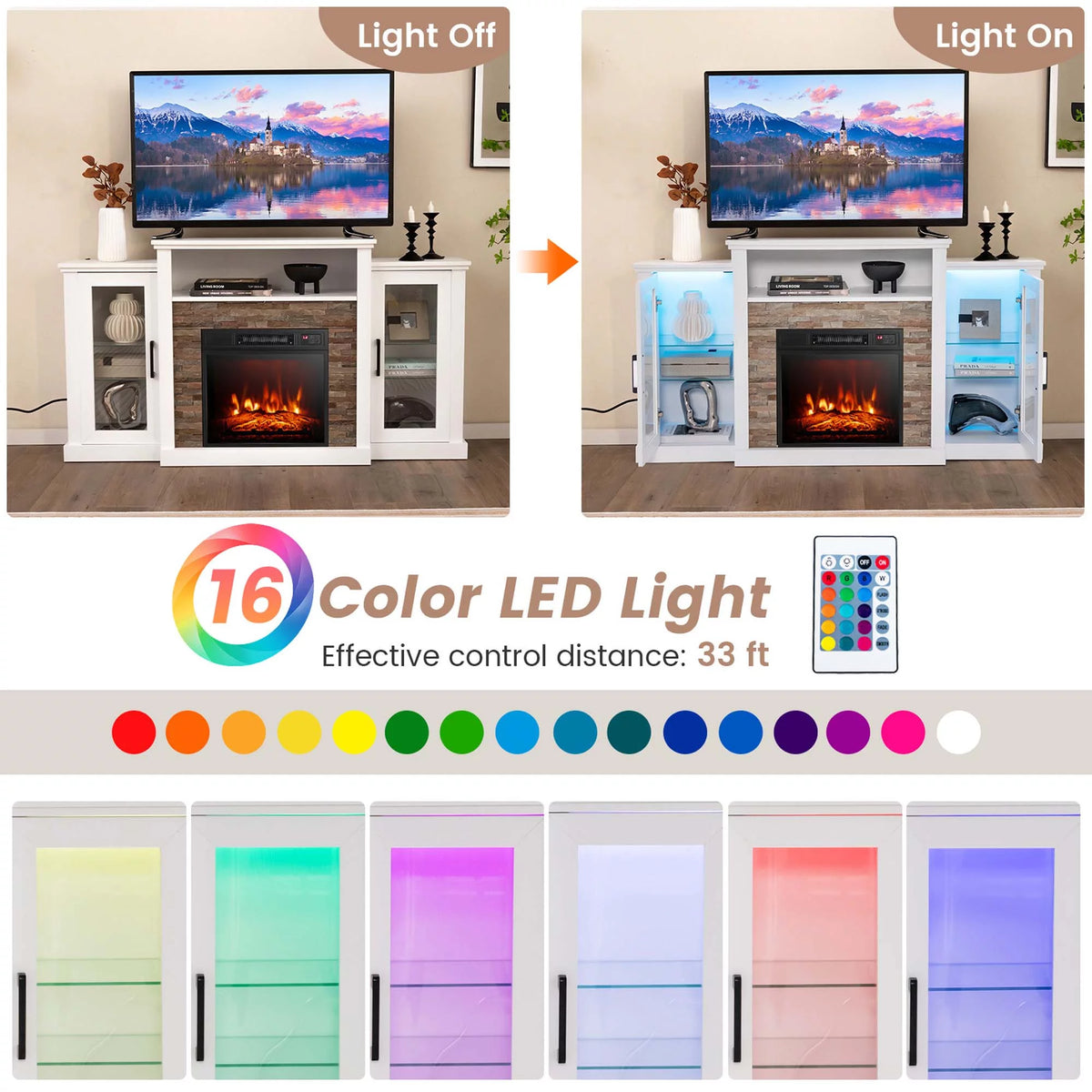 White Fireplace TV Stand with LED Lights & 18'' Electric Fireplace W628453