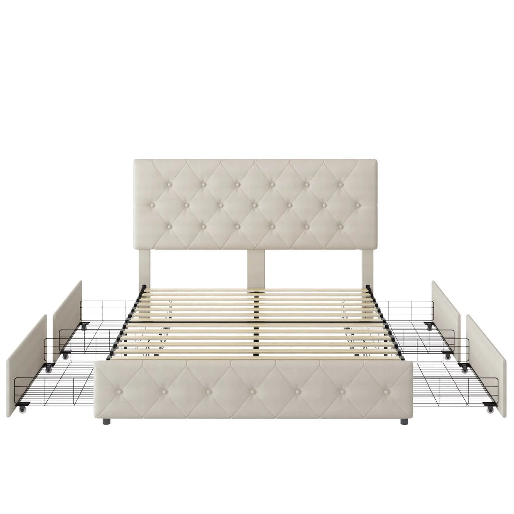 Queen Size 4 Drawer Upholstered Platform Bed with Adjustable Headboard I32229